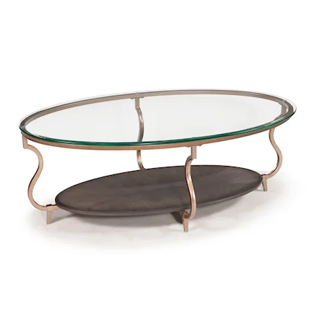 Transitional Oval Cocktail Table with Gold-Finished Legs and Glass Top